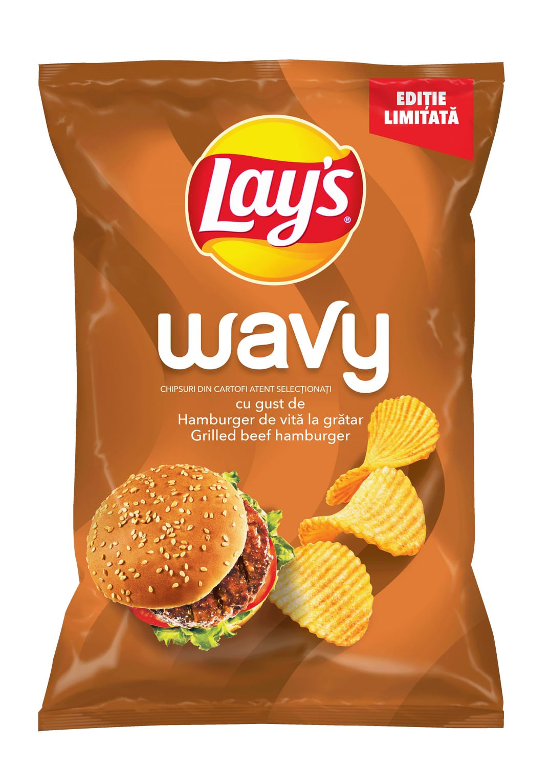 Chipsuri cu gust de hamburger de vita la gratar Lay's Wavy, 115 g