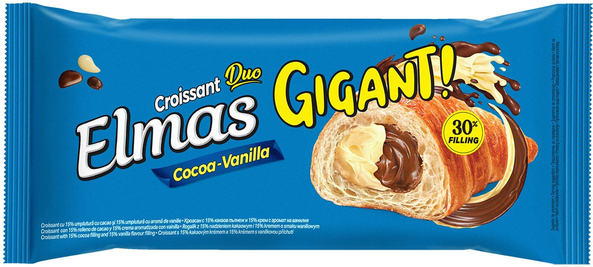 Croissant cu crema de cacao si vanilie Elmas Duo Gigant, 160 g