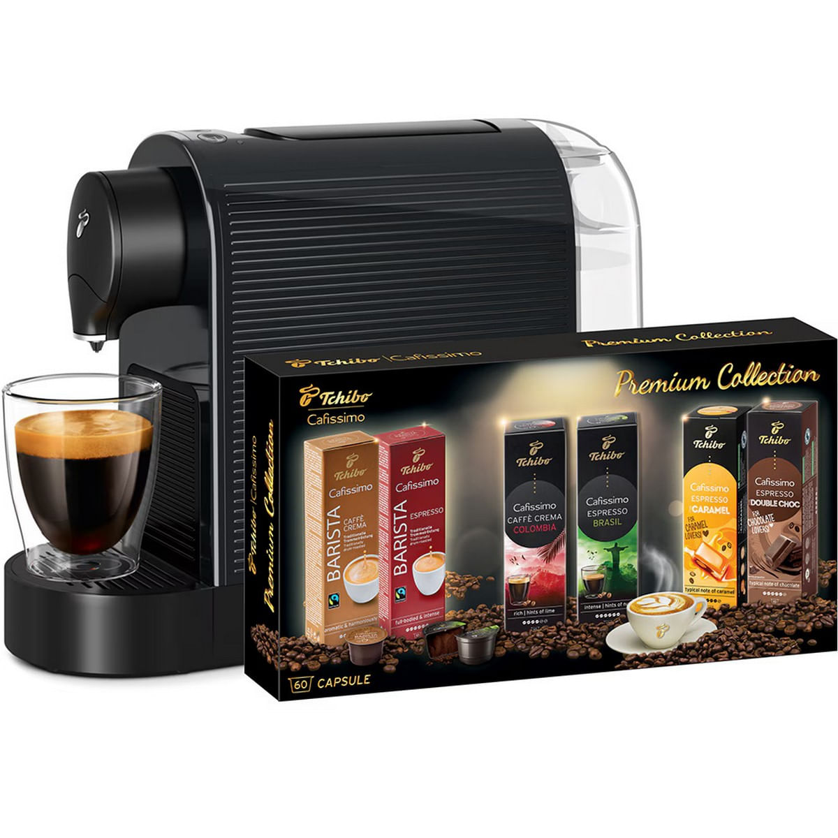 Pachet espressor Tchibo Cafissimo Pure Plus, negru + 60 capsule Premium Collection, 6 sortimente