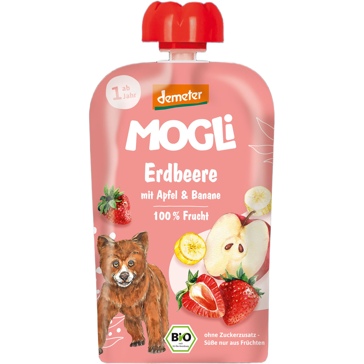 Piure cu capsuni, mere si banane Mogli Eco, de la 1 an, 100 g