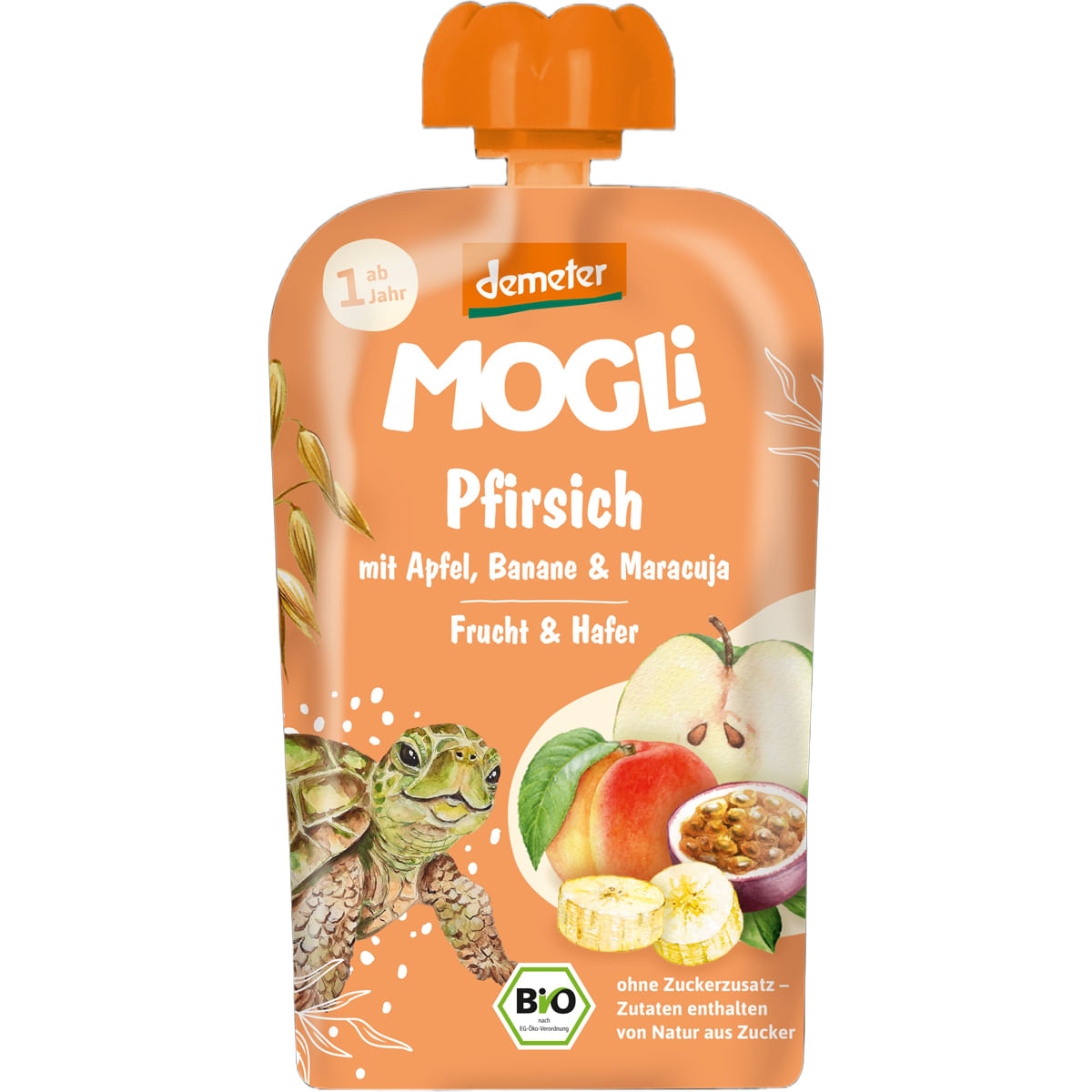 Piure cu piersici, banane, mere, fructul paisunii si ovaz Mogli Eco, de la 1 an, 100 g