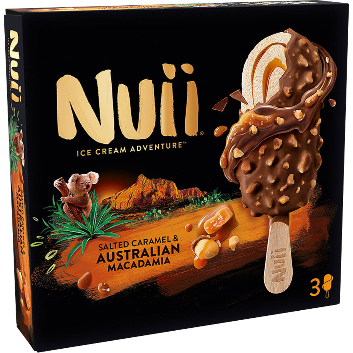 Inghetata de vanilie cu sos de caramel sarat acoperita cu ciocolata cu lapte Nuii, 3 x 90 ml
