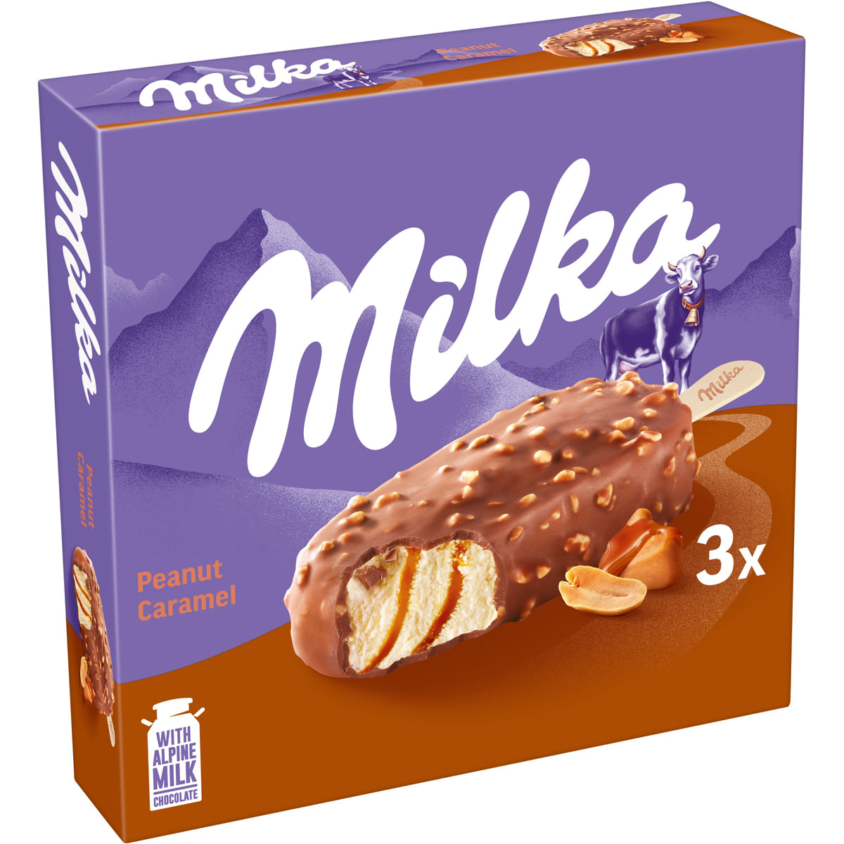 Inghetata de arahide cu sos de caramel si bucatele de arahide prajite Milka, 3 x 90 ml