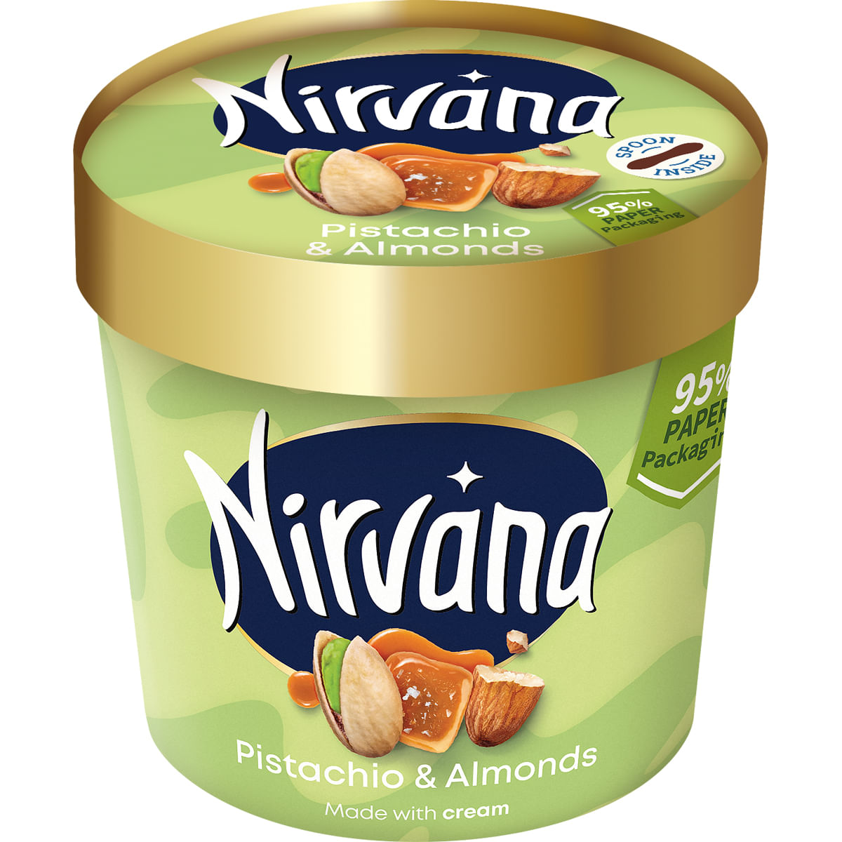 Inghetata de fistic cu sirop de caramel sarat si migdale caramelizate prajite Nirvana, 150 ml