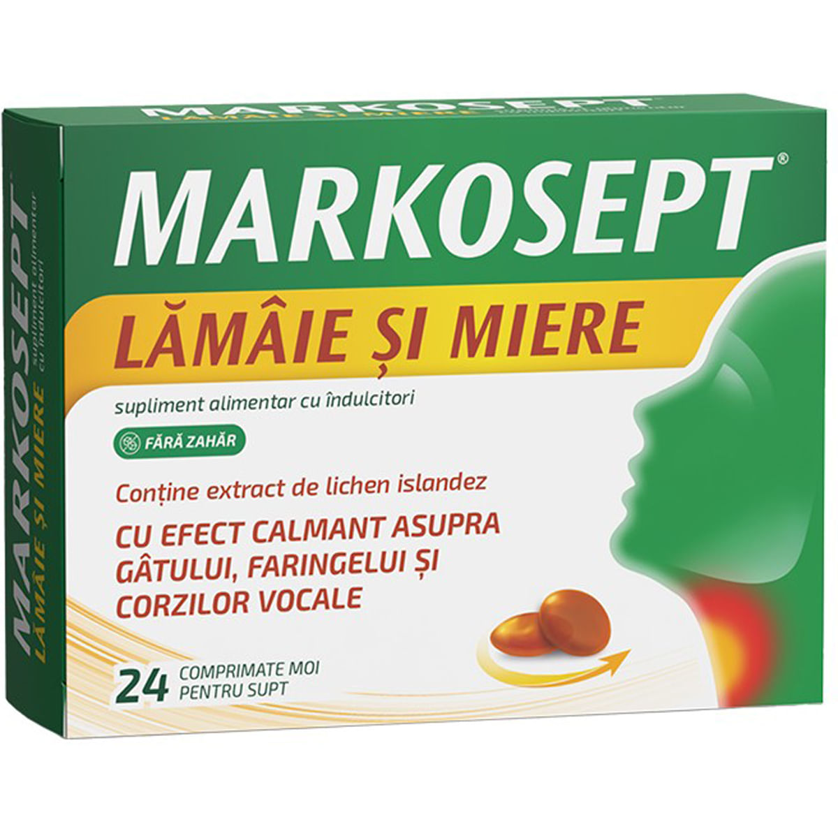 Supliment alimentar cu efect calmant asupra gatului Fiterman Markosept, aroma lamaie si miere, 24 comprimate
