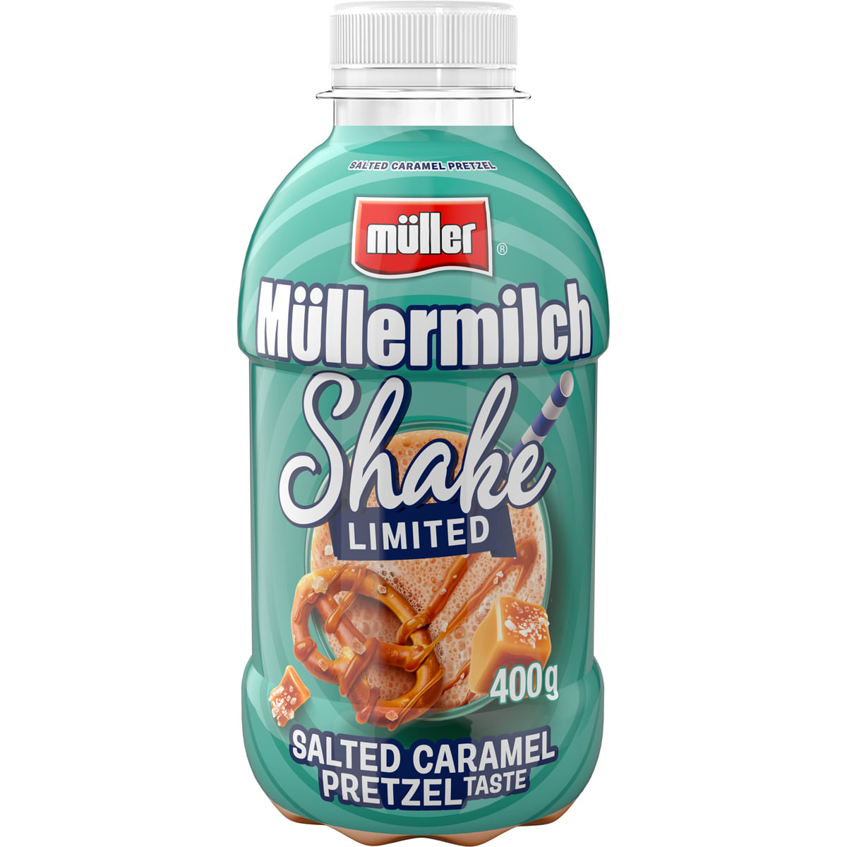 Bautura lactata cu gust de caramel sarat si covrig Muller Mullermilch Shake, 400 g