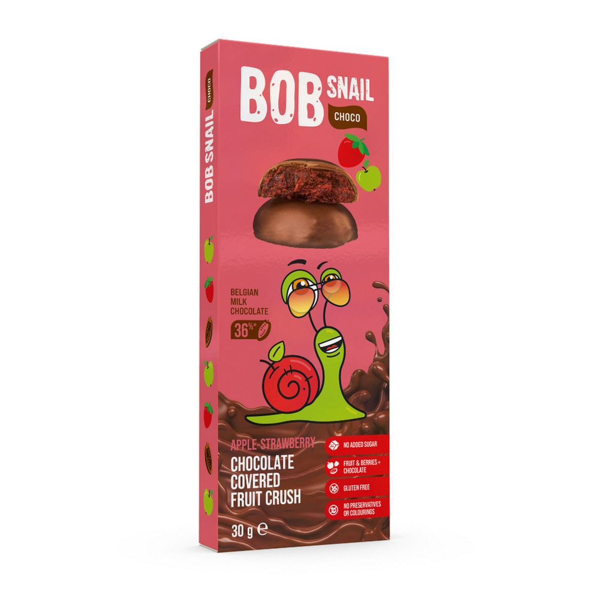 Snack fructat cu mere si capsuni in ciocolata cu lapte Bob Snail, 30 g