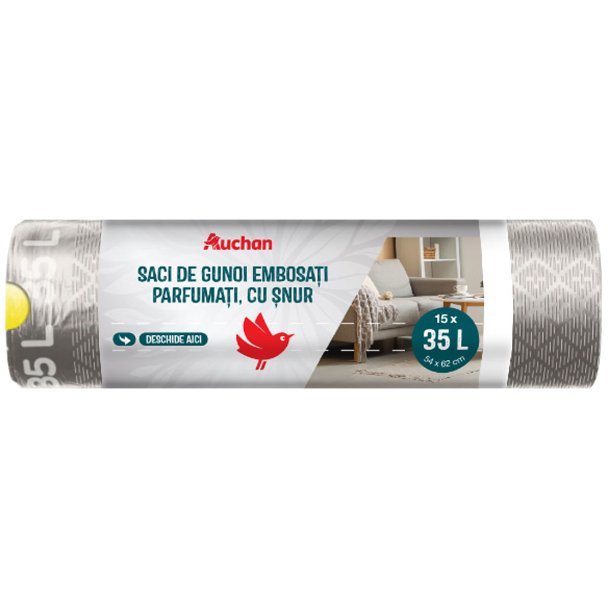 Saci de gunoi embosati parfumati Auchan, cu snur, 15 x 35 l, gri