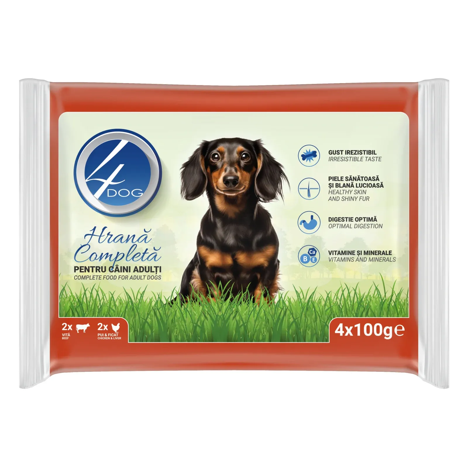Hrana umeda pentru caini 4Dog mix cu pui si vita, 4 x 100 g