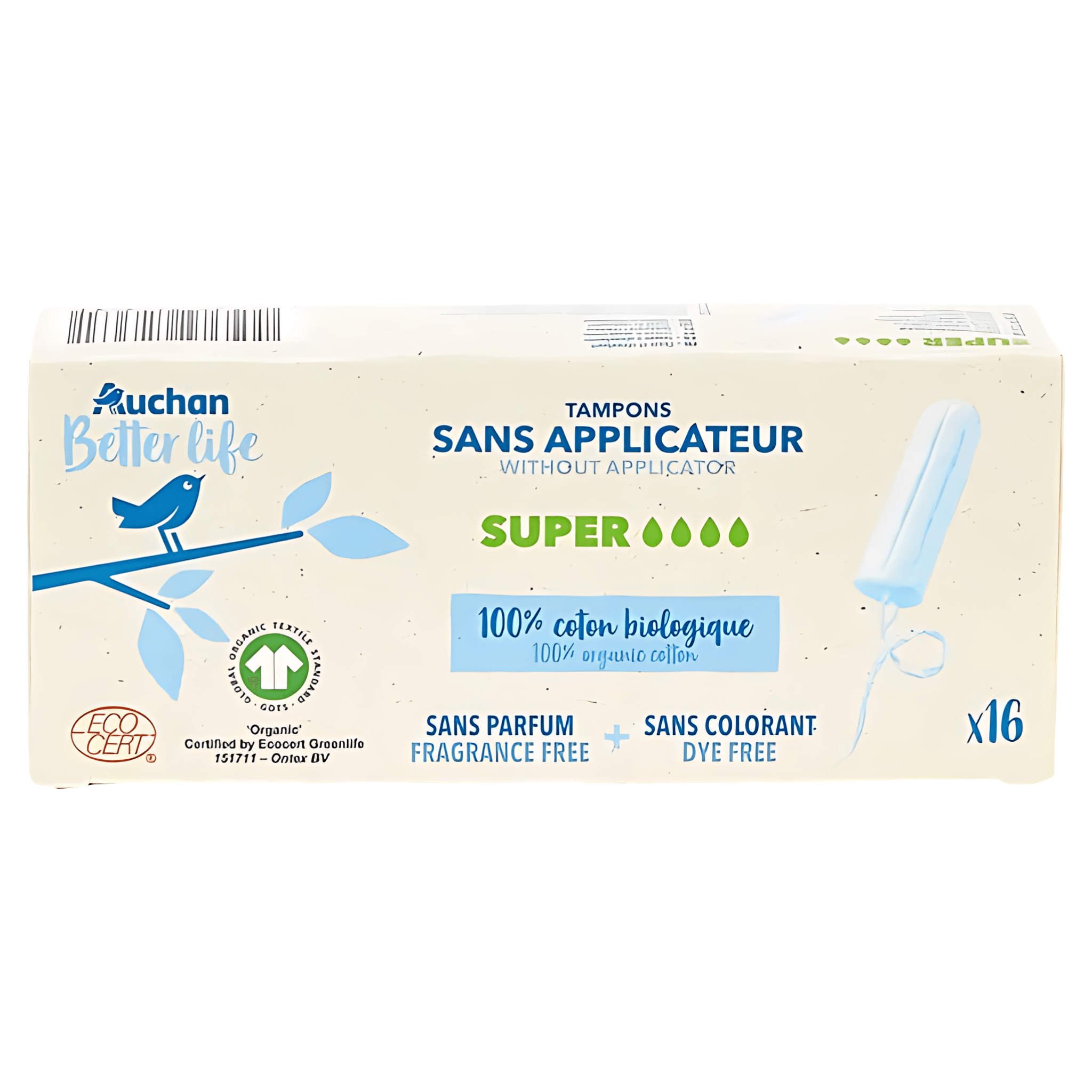 Tampoane fara aplicator Auchan Super, 4 picaturi, 16 bucati