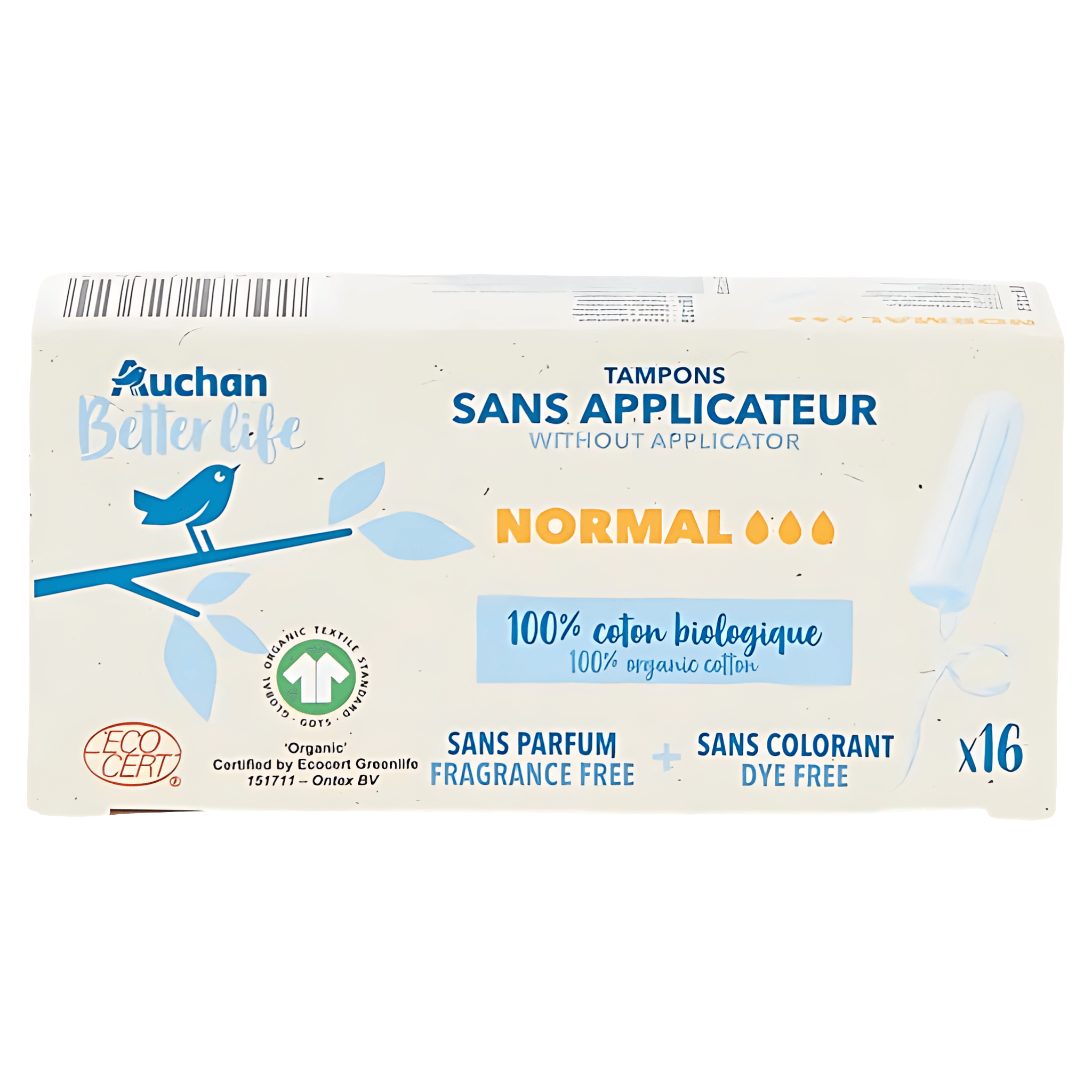 Tampoane fara aplicator Auchan Normal, 3 picaturi, 16 bucati