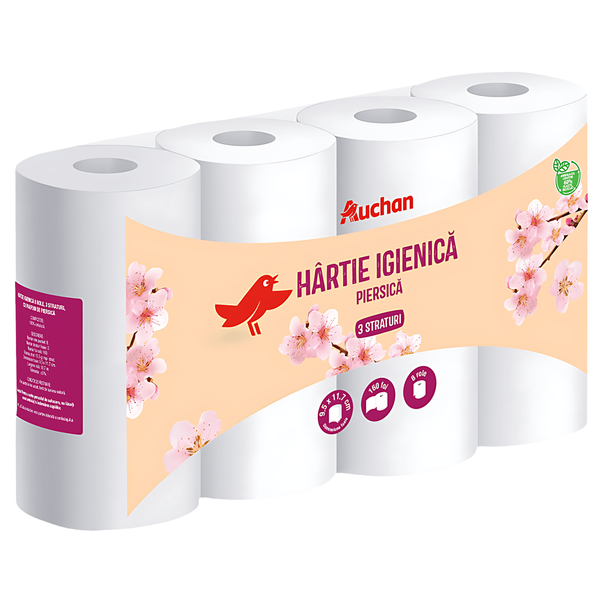 Hartie igenica Auchan, cu parfum de piersica, 8 role, 3 straturi