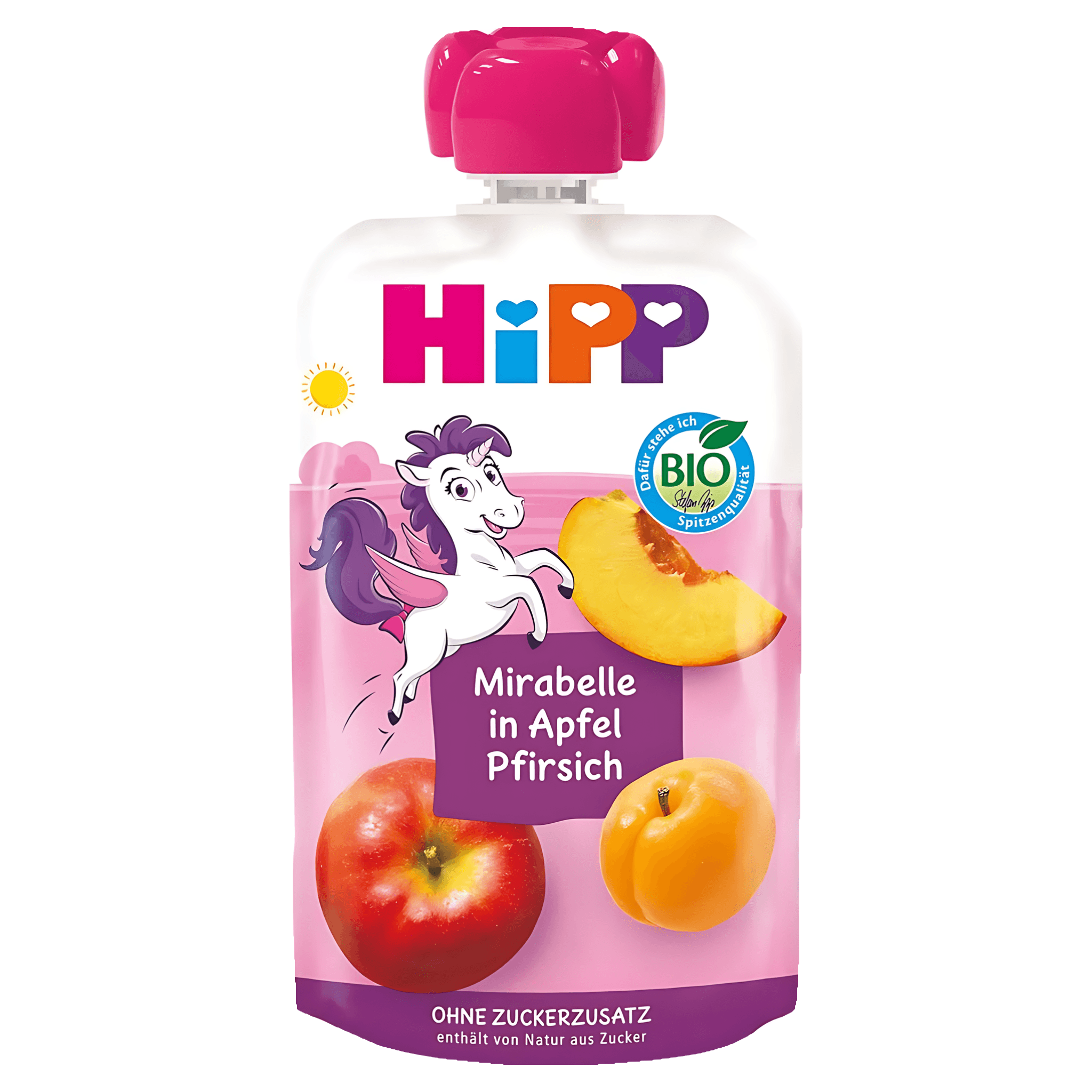 Piure de fructe Hipp cu mar, piersica si prune Mirabelle, de la 1 an, 100 g