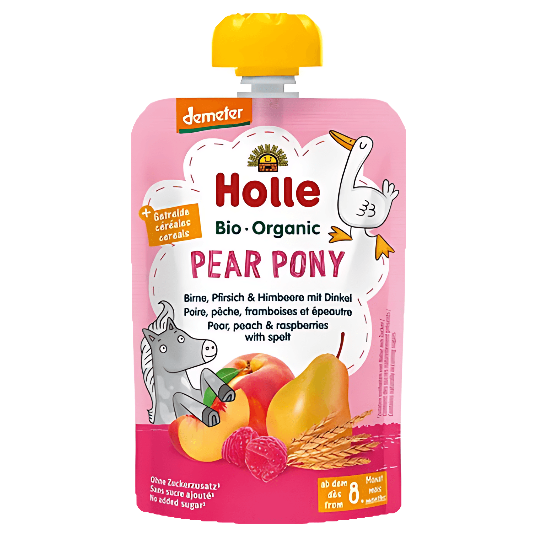 Piure de pere, piersici, zmeura cu grau spelta Holle Baby, de la 8 luni, 100 g