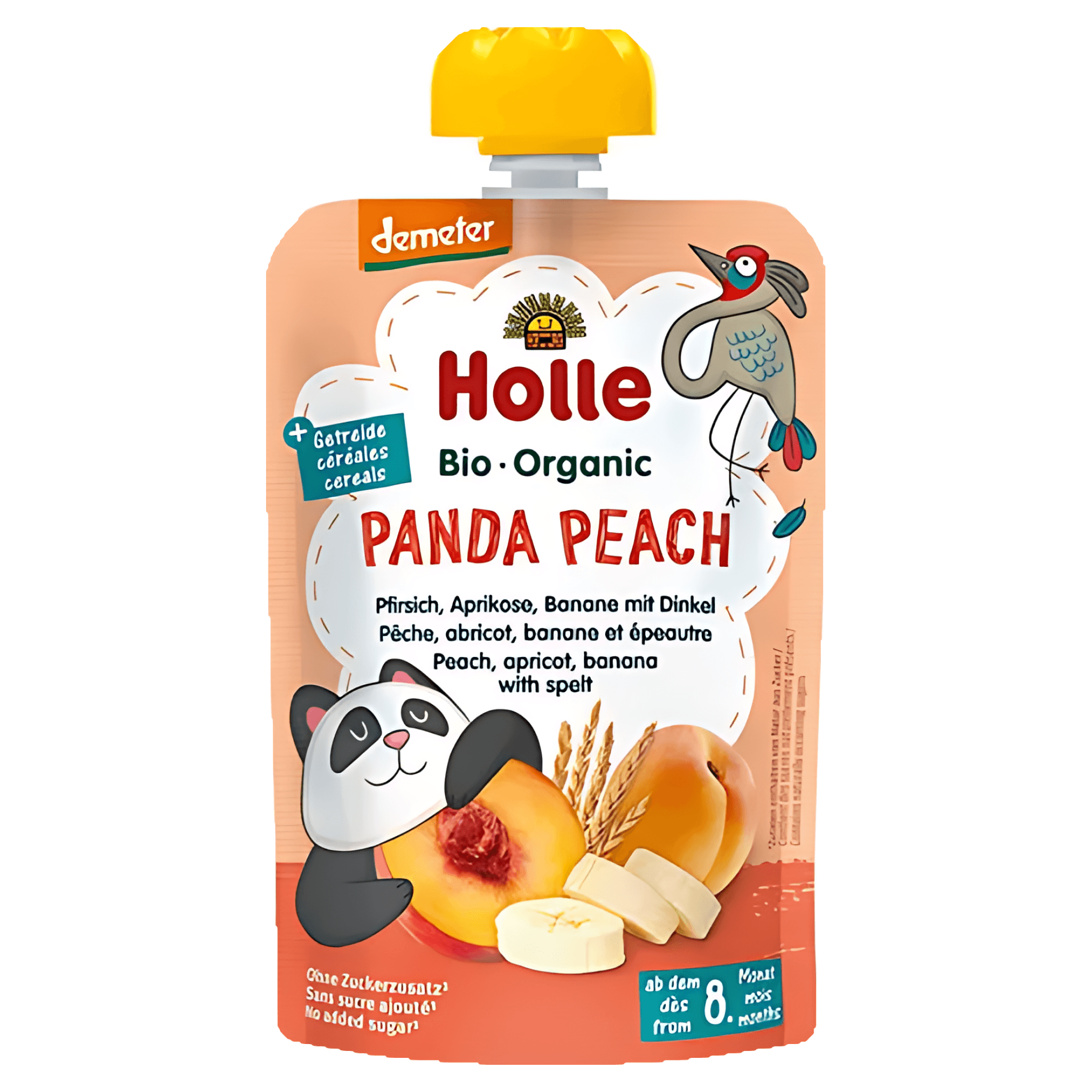 Piure de piersici, caise, banane si fulgi de grau Holle Baby, de la 8 luni, 100 g
