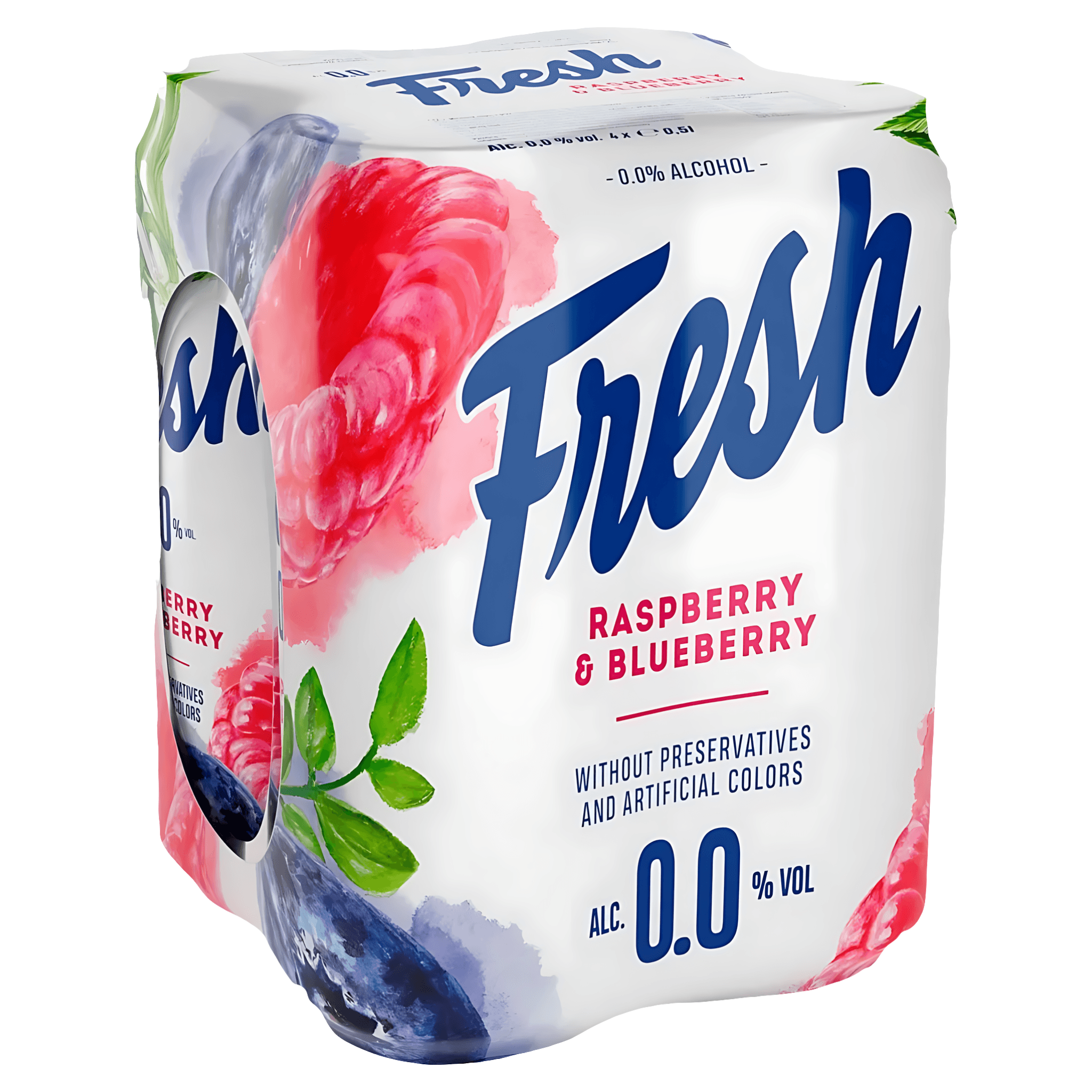 Bere blonda fara alcool Fresh cu zmeura si afine, doza, 4 x 0.5 l