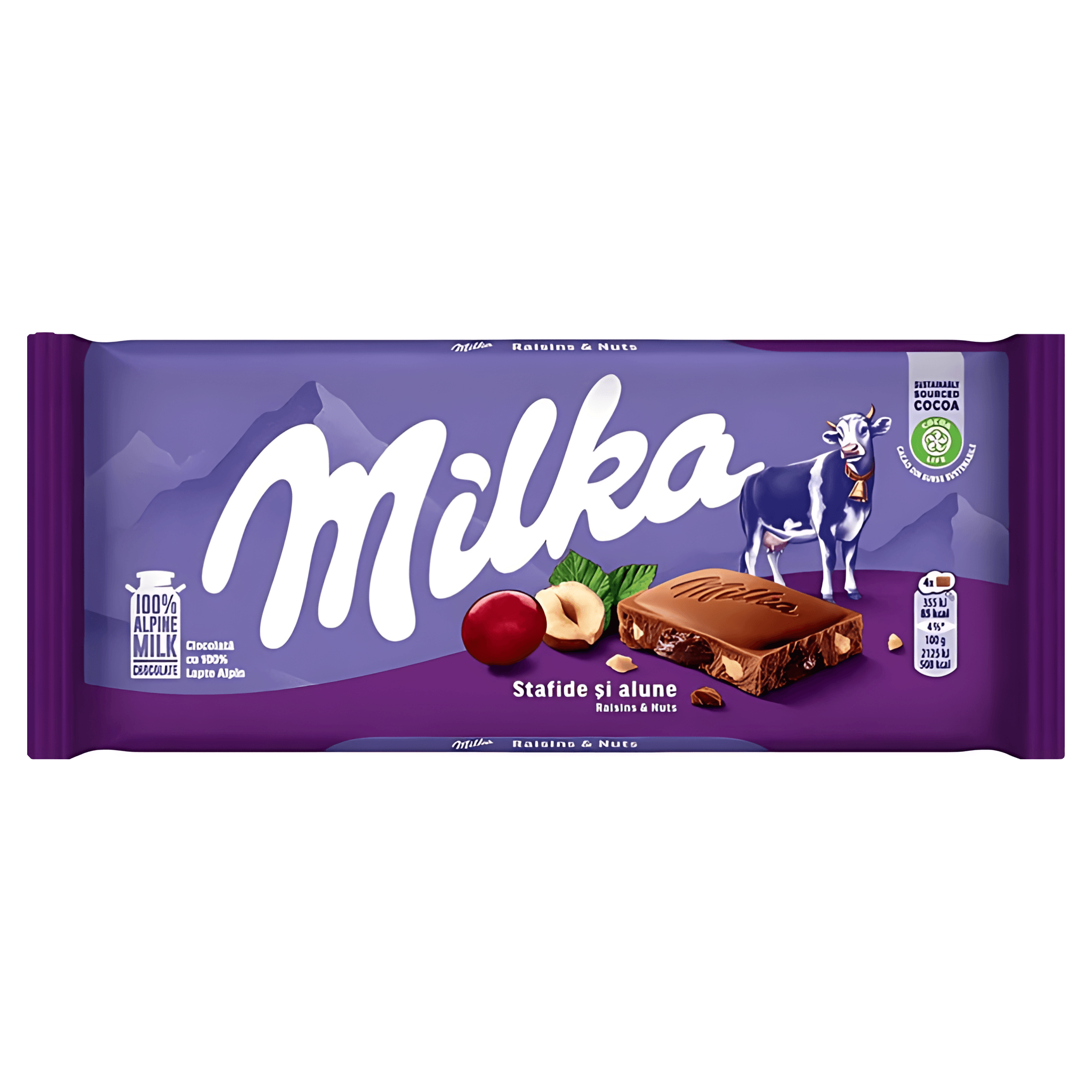 Ciocolata cu lapte, stafide si alune Milka, 90 g