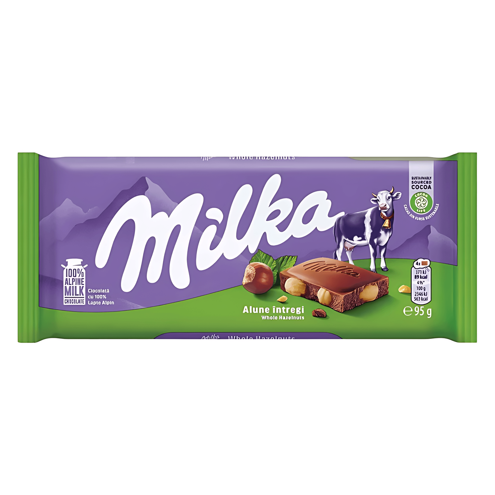 Ciocolata cu lapte si alune intregi Milka, 95 g