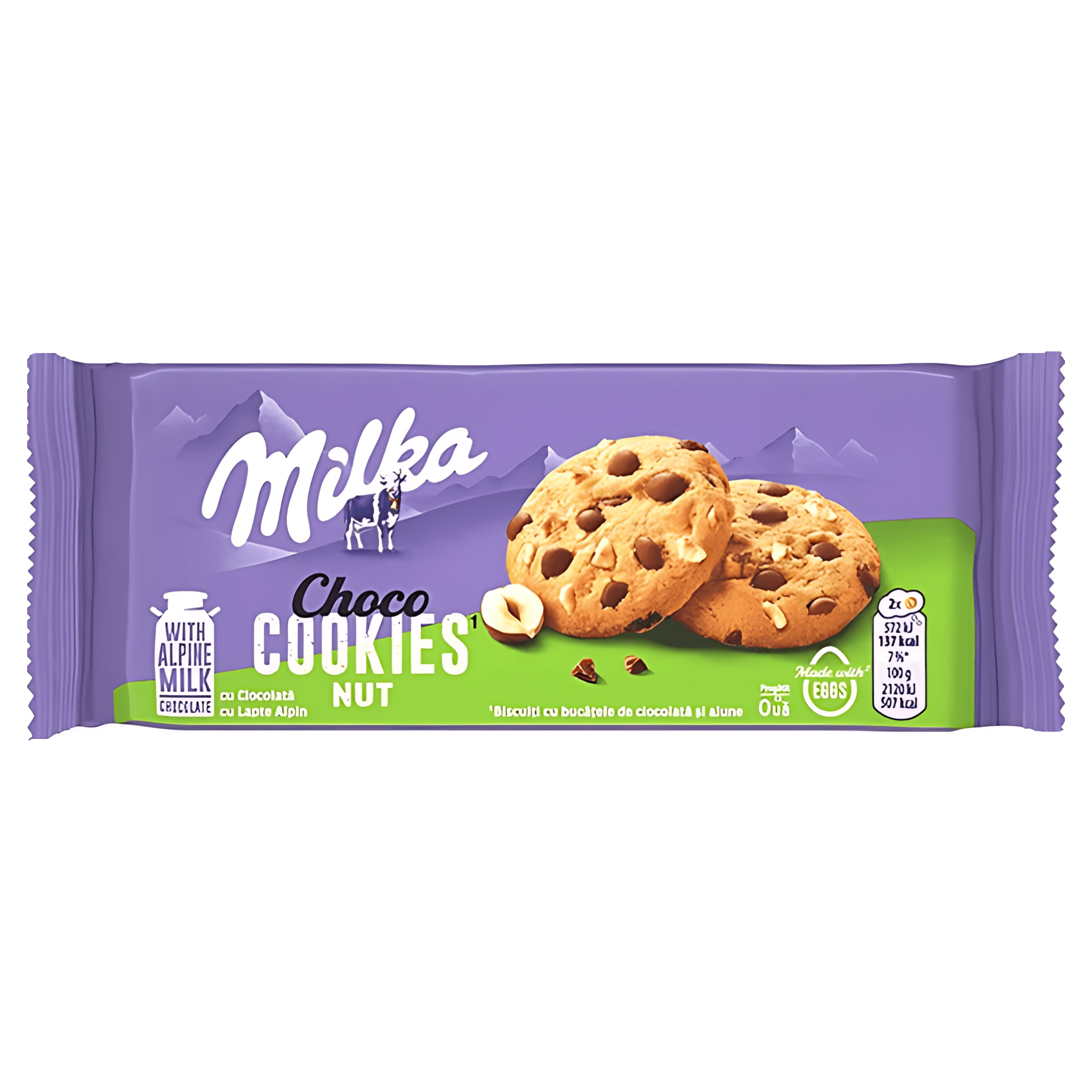 Biscuiti cu bucatele de ciocolata cu lapte si alune maruntite Milka, 135 g