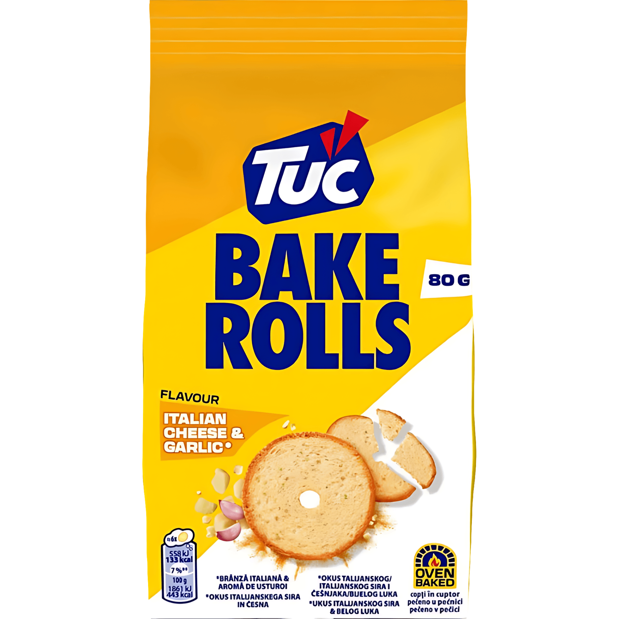 Rondele de paine crocanta cu aroma de branza italiana si usturoi Tuc Bake Rolls, 80 g