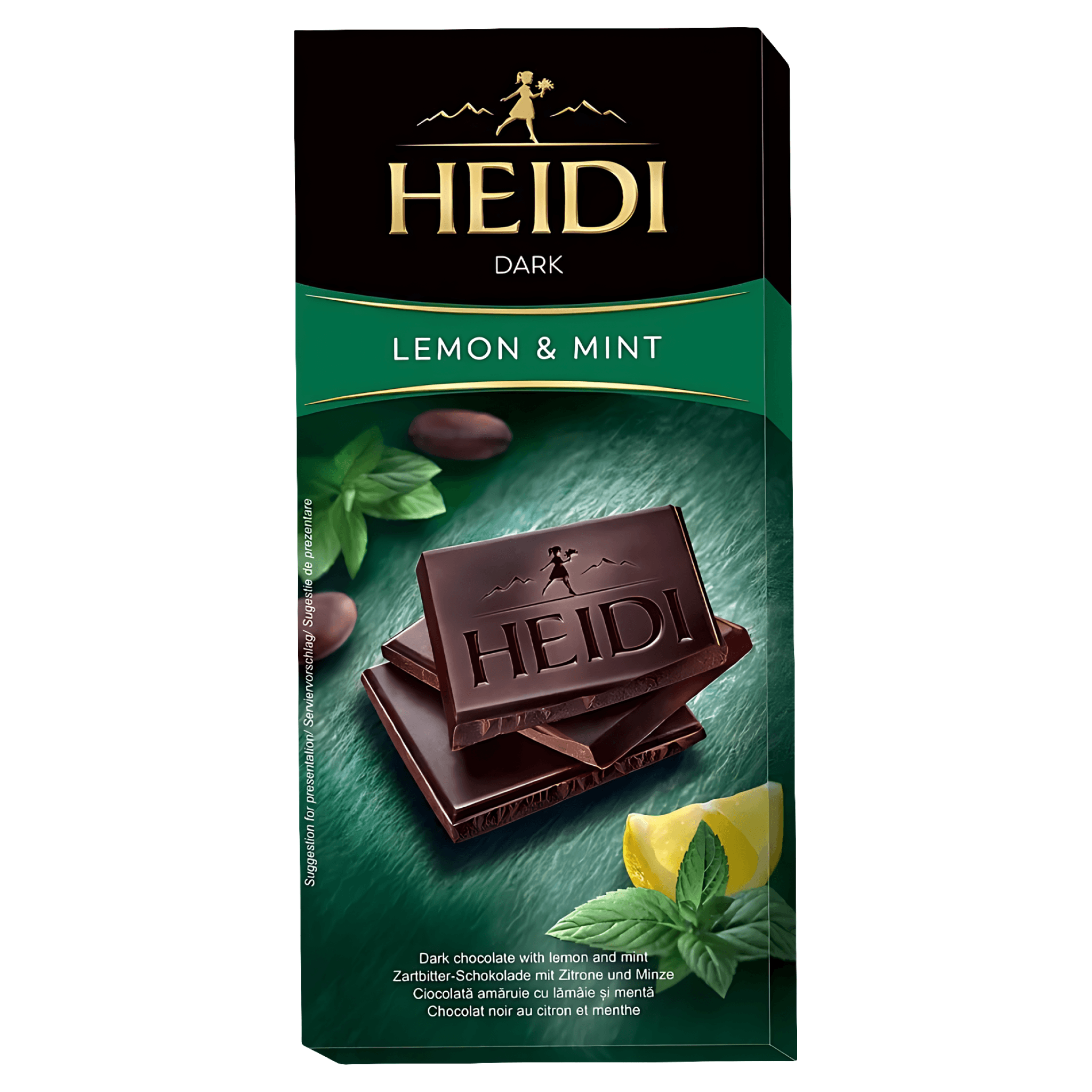 Ciocolata amaruie cu lamaie si menta Heidi, 80 g
