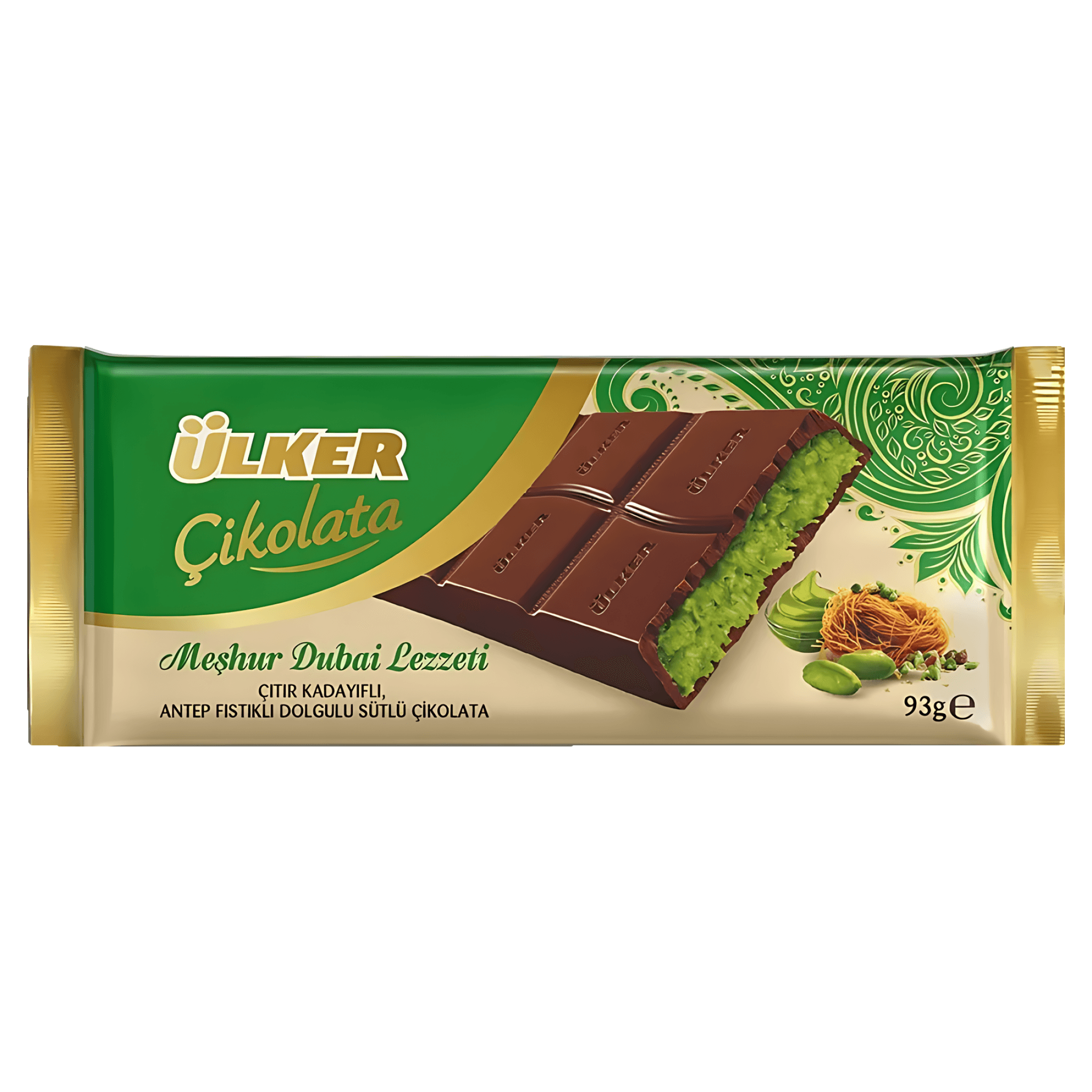 Ciocolata dubai Ulker, umplutura cu crema cu fistic si kadayif, 93 g