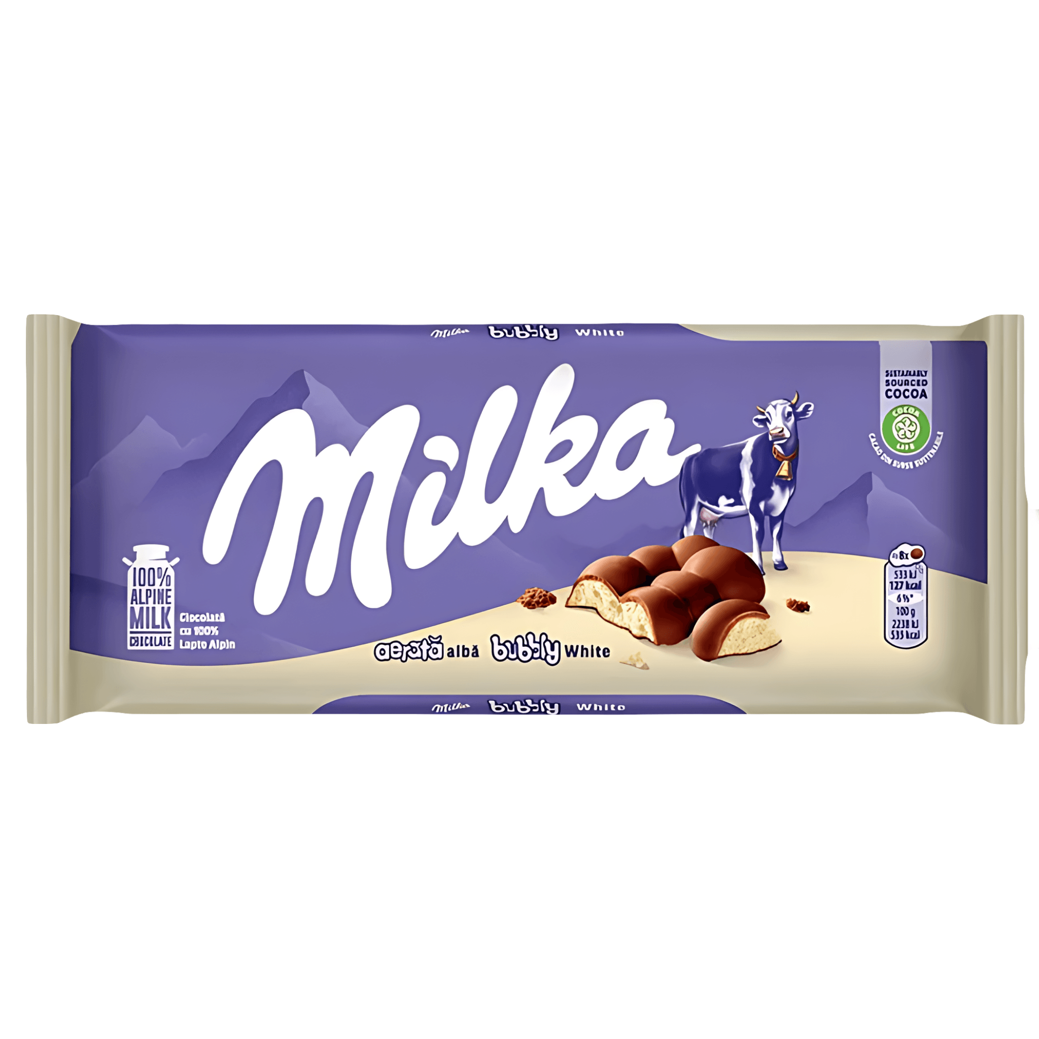Ciocolata cu lapte alpin cu interior din ciocolata alba aerata Milka Bubbly White, 95 g