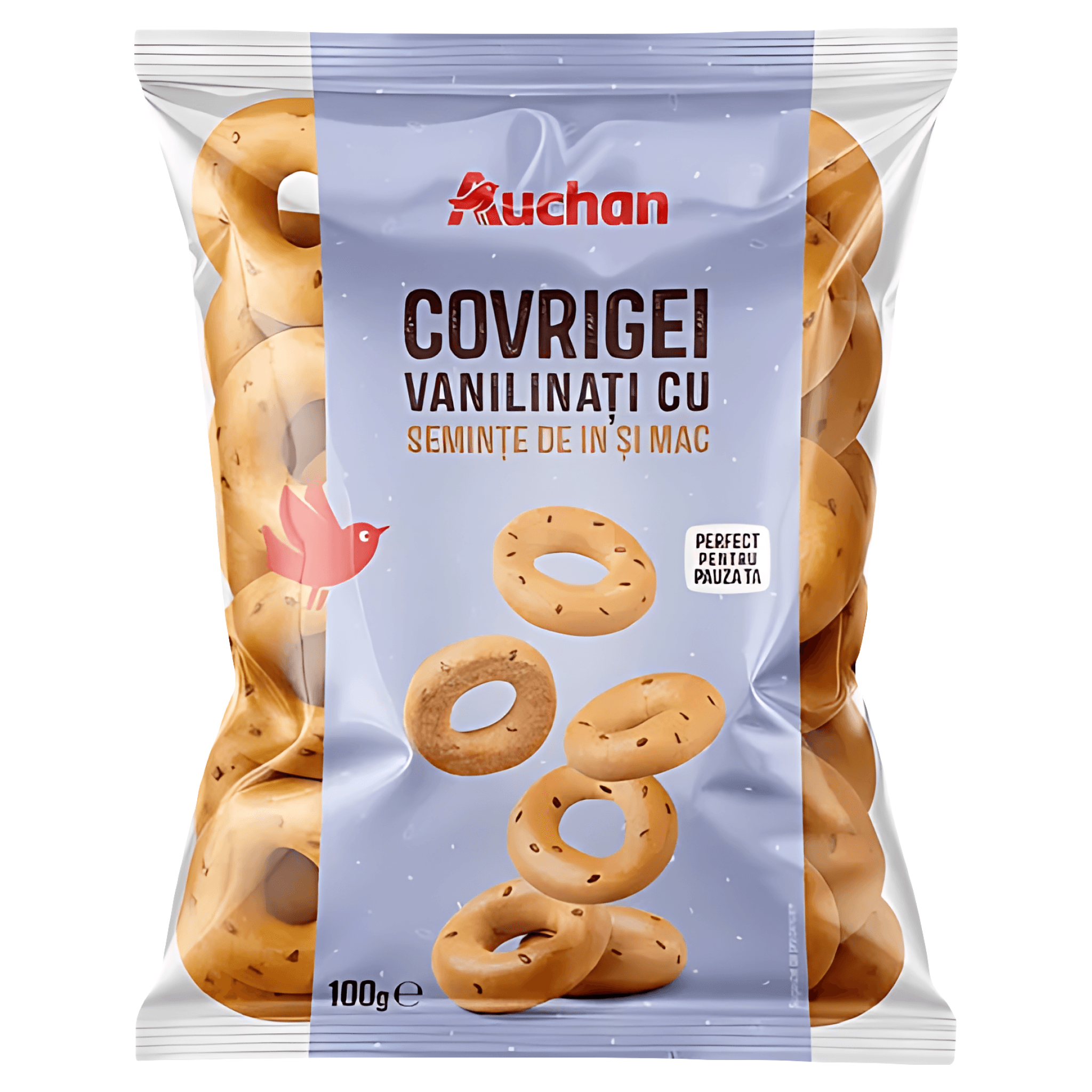 Covrigei vanilinati cu seminte de in si mac Auchan, 100 g