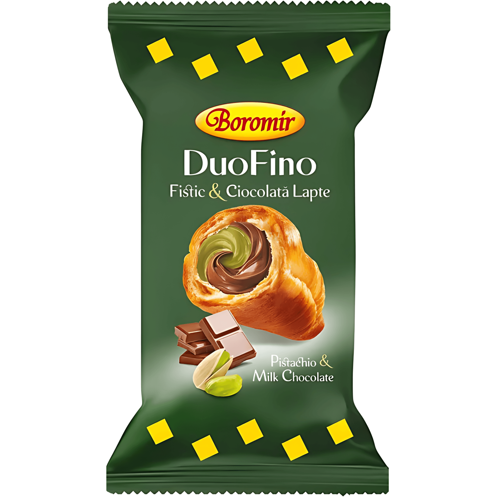 Croissant cu crema cu aroma de fistic si ciocolata cu lapte Boromir DuoFino, 75 g