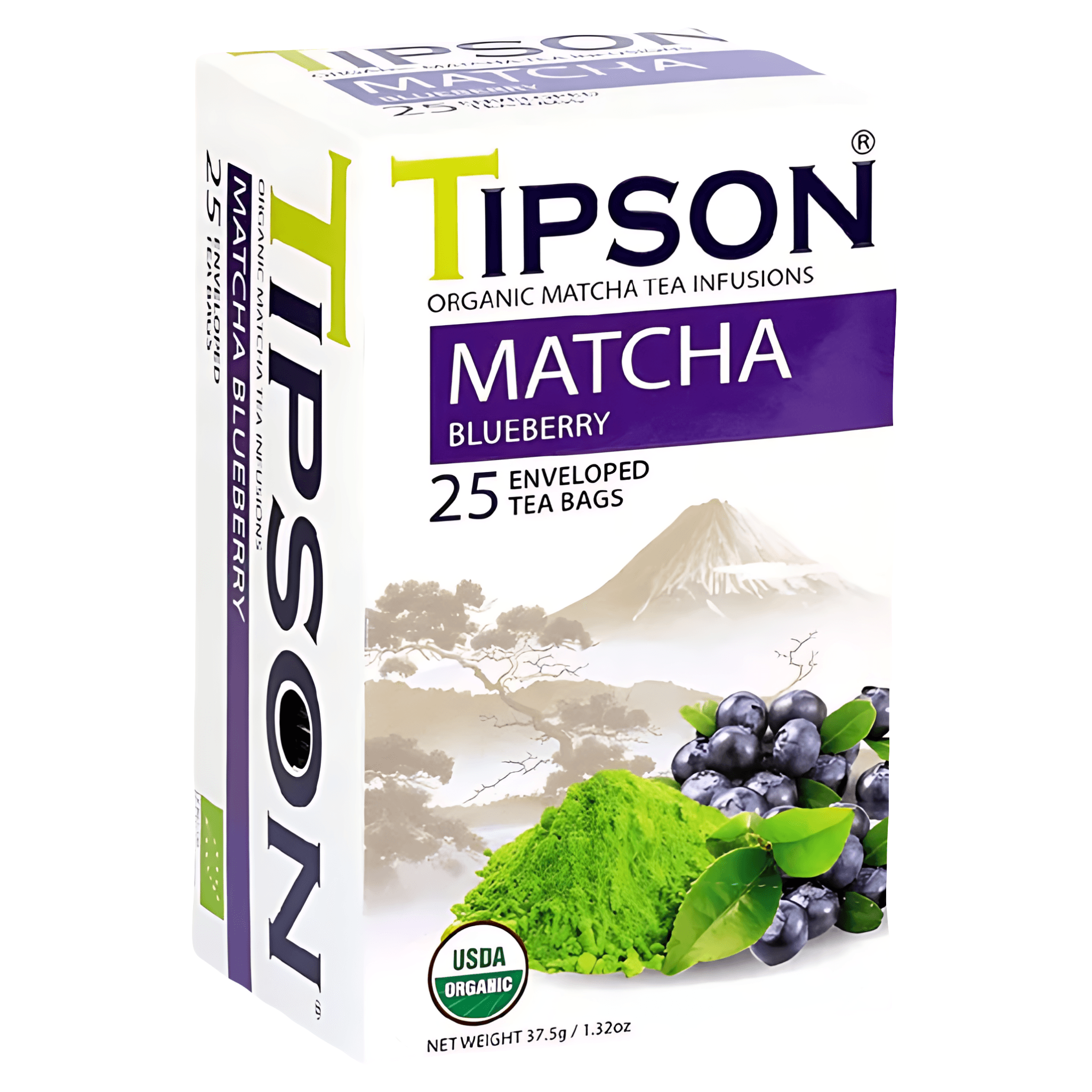 Ceai organic Matcha Tipson cu aroma de afine, 25 pliculete