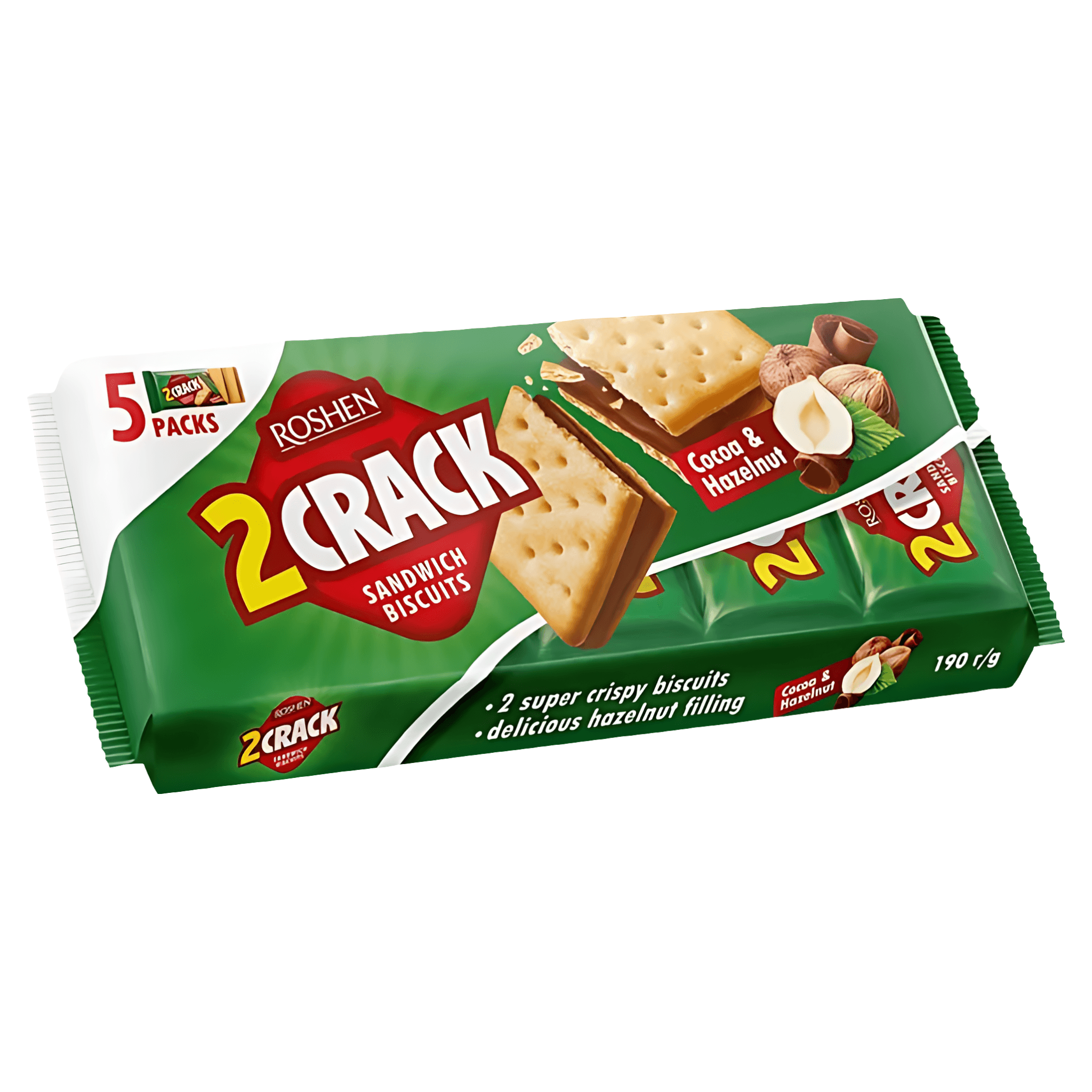Biscuiti sandwich cu crema de cacao si alune Roshen 2 Crack, 190 g