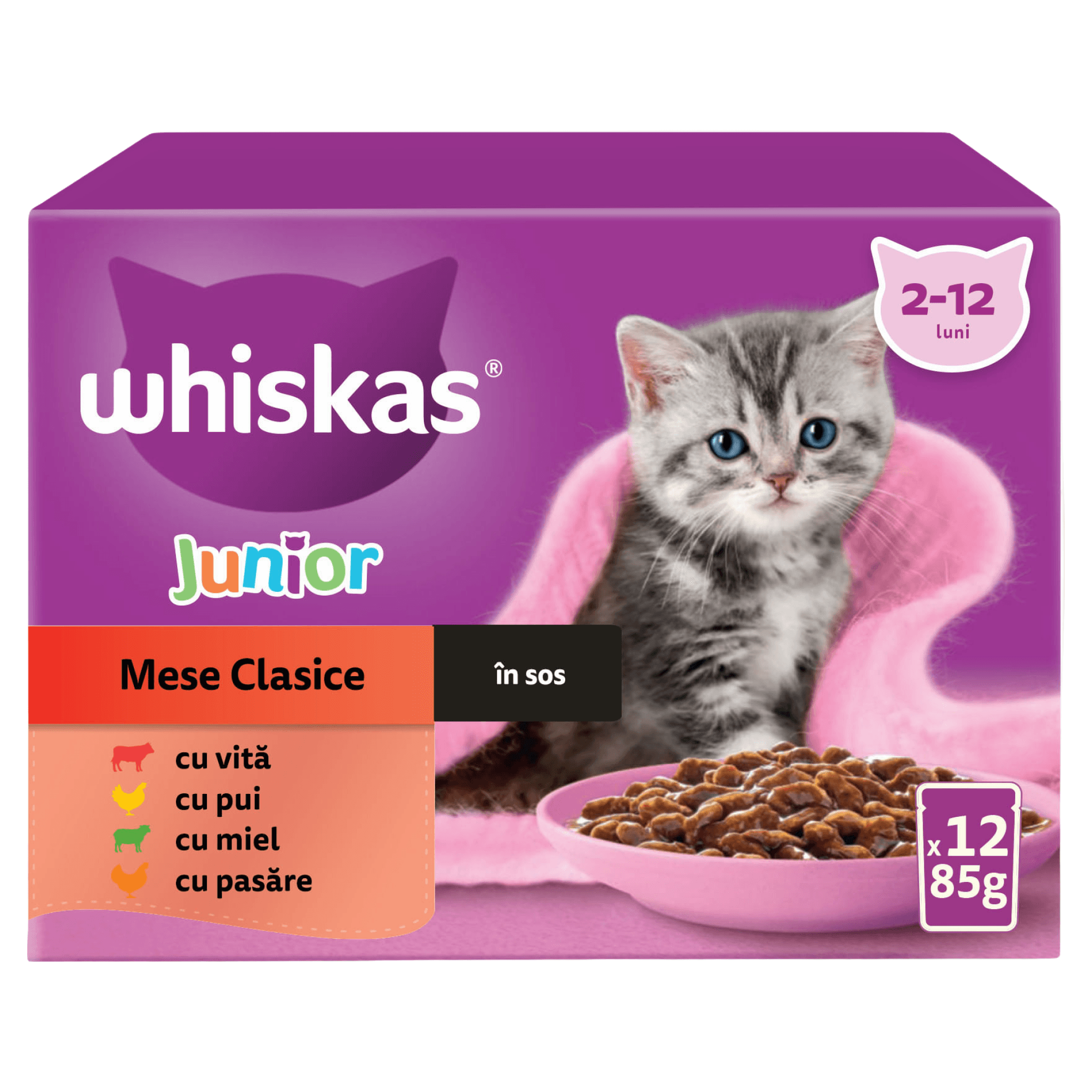 Hrana umeda pentru pisici junioare Whiskas Junior, selectii de carne in sos, 12 x 85 g