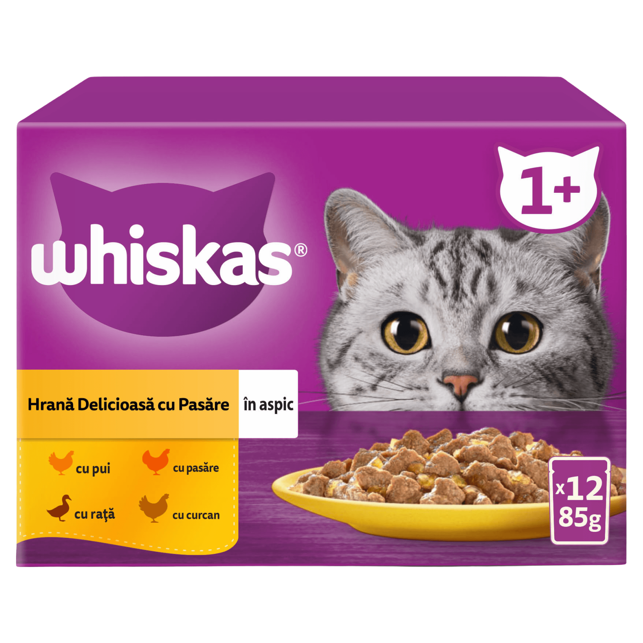 Hrana umeda pentru pisici adulte Whiskas cu carne de pasare in aspic, 12 x 85 g