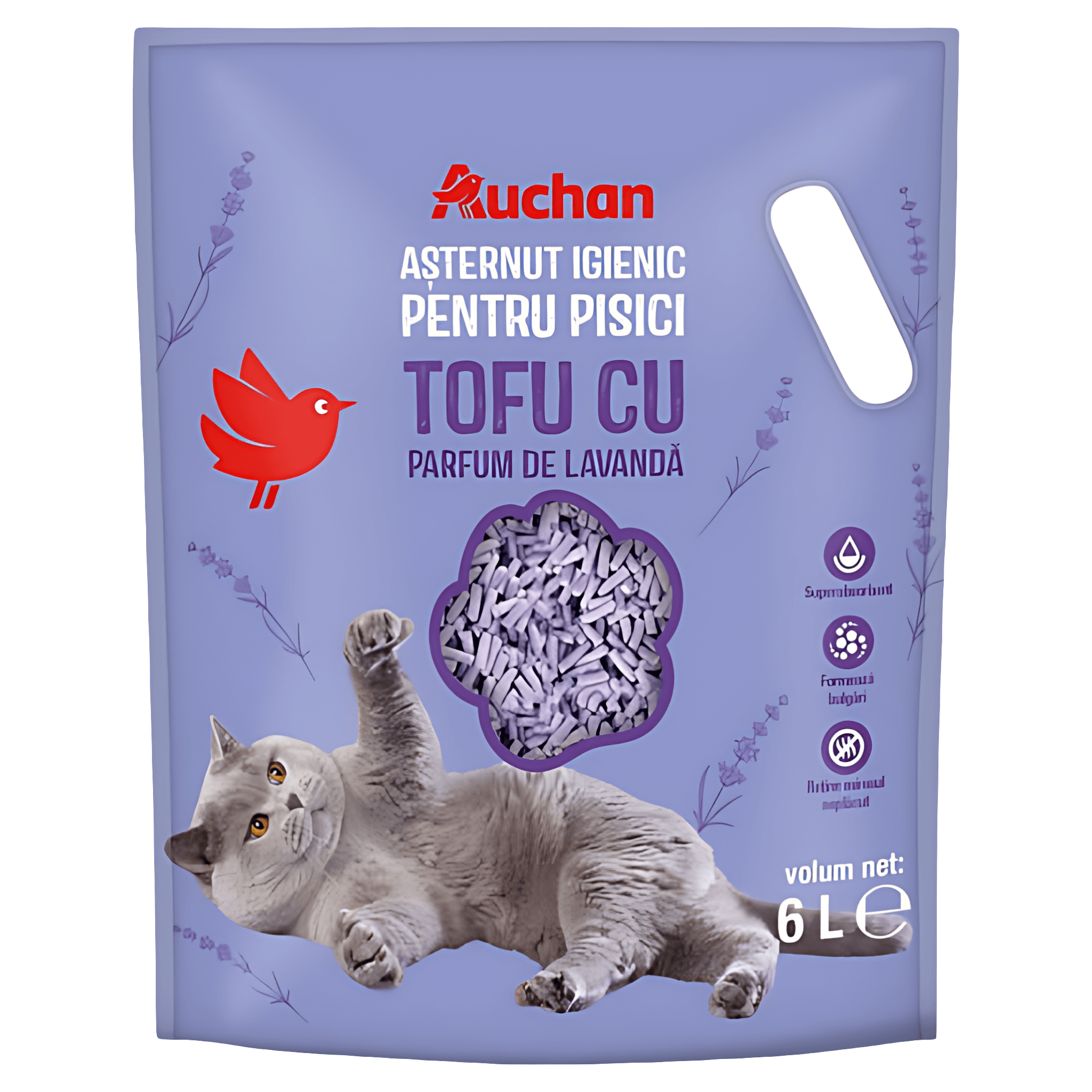 Asternut igienic pentru pisici Auchan, tofu cu parfum de lavanda, 6 l