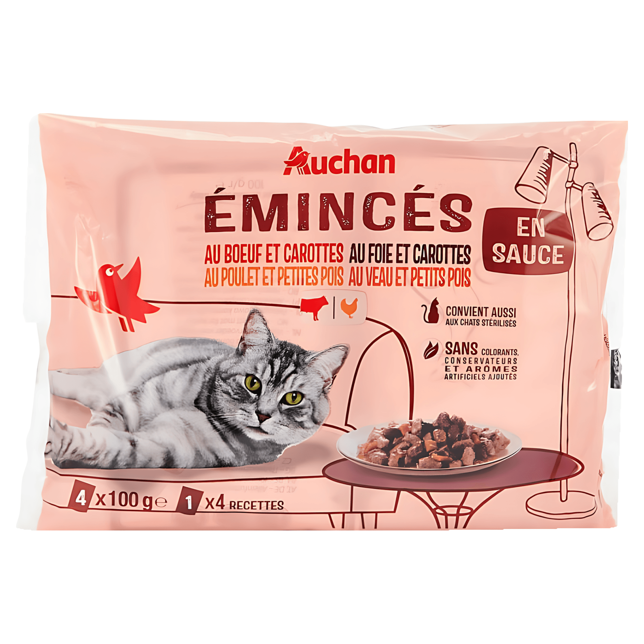Hrana umeda pentru pisici adulte Auchan, vita, ficat si morcovi, 4 x 100 g