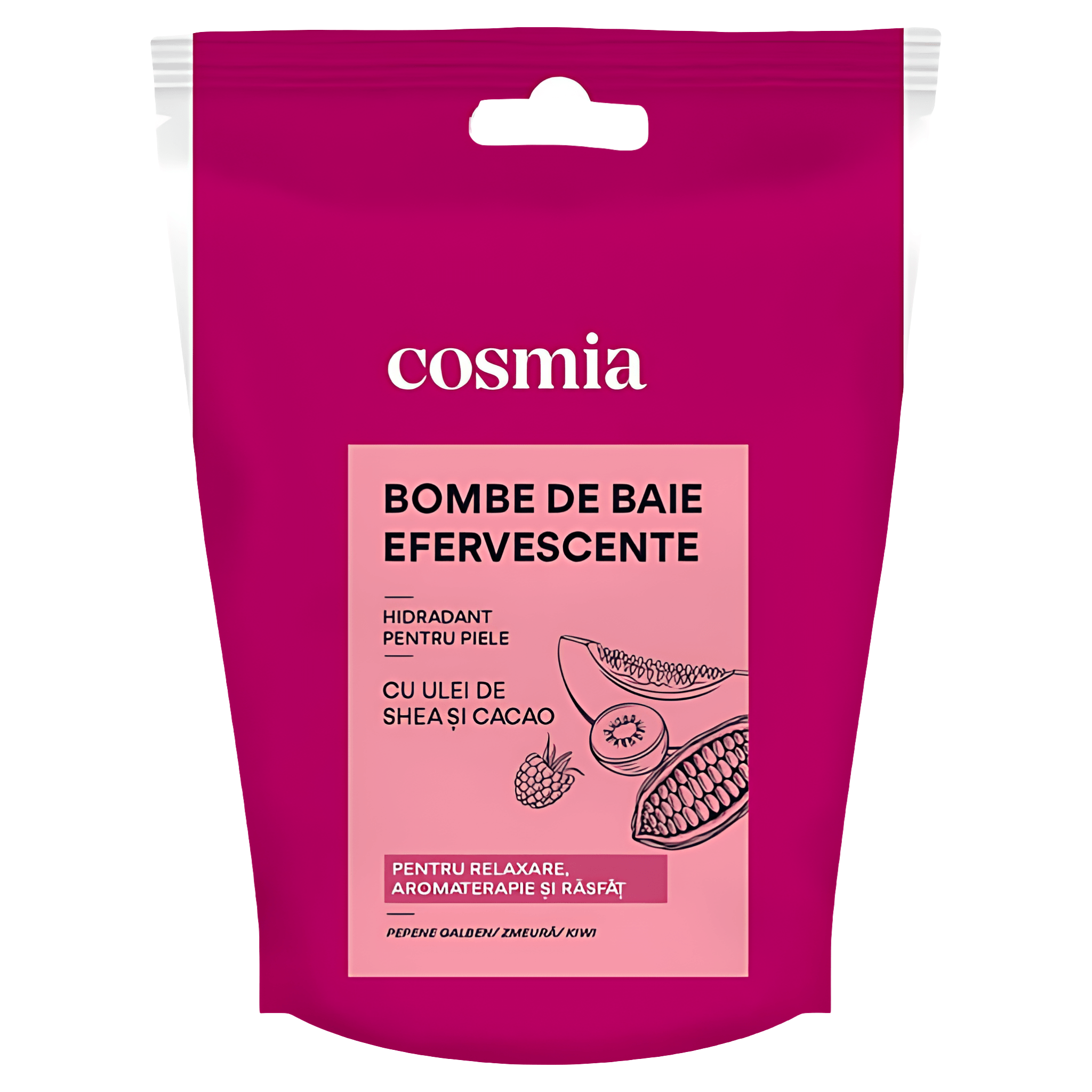 Bomba de baie efervescenta Cosmia cu parfum de pepene galben, zmeura si kiwi, 3 x 50 g