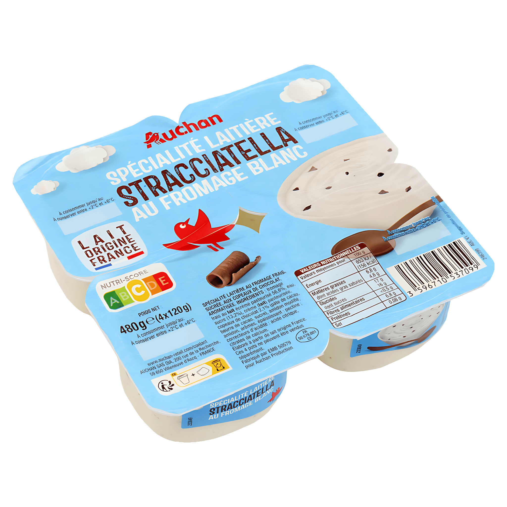 Specialitate de branza proaspata cu stracciatella Auchan, 4 x 120 g