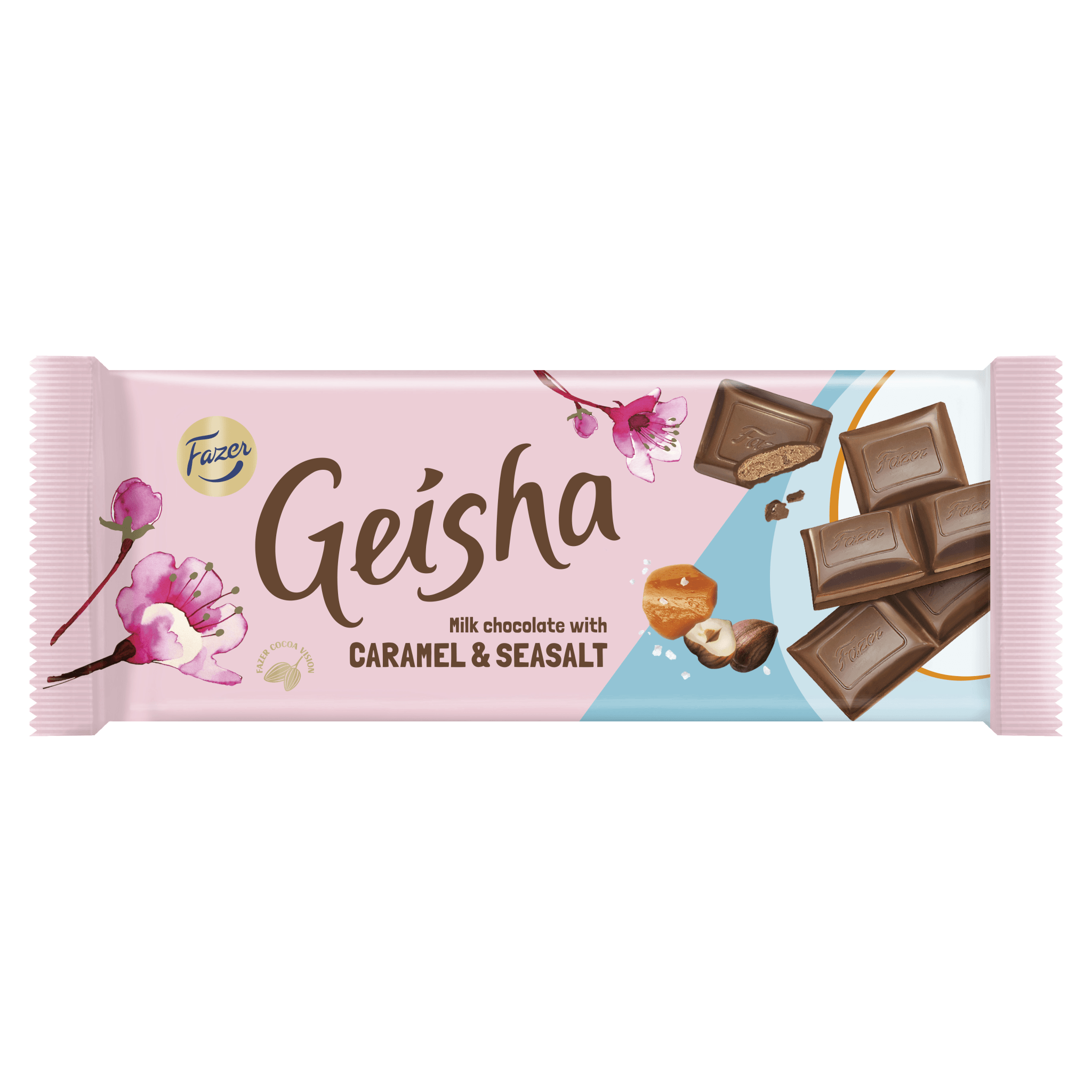 Ciocolata cu lapte si crema de alune de padure, caramel si sare de mare Fazer Geisha, 100 g