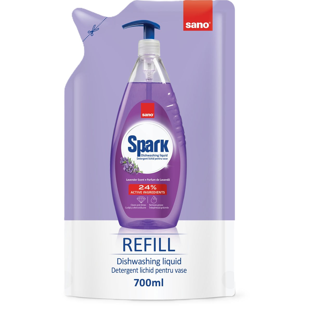 Rezerva detergent lichid pentru vase Sano Spark Lavanda, 700 ml