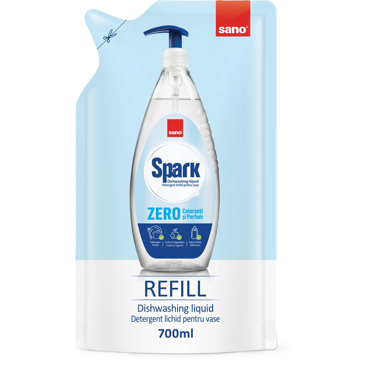 Rezerva detergent lichid pentru vase Sano Spark Zero coloranti si parfum, 700 ml