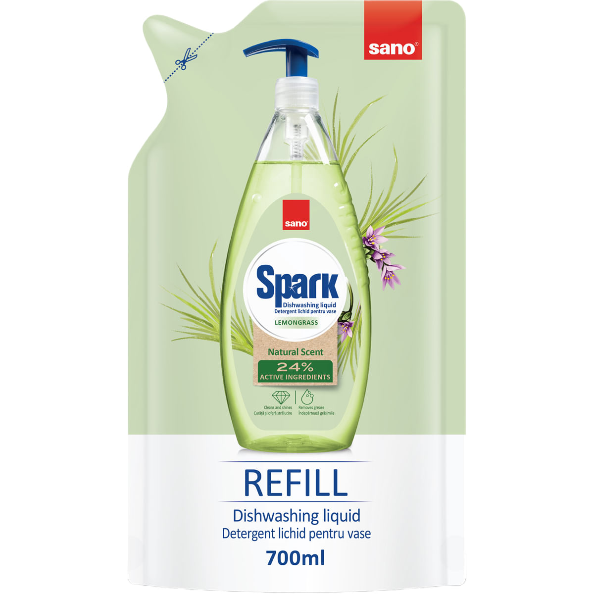 Rezerva detergent lichid pentru vase Sano Spark Lemongrass, 700 ml